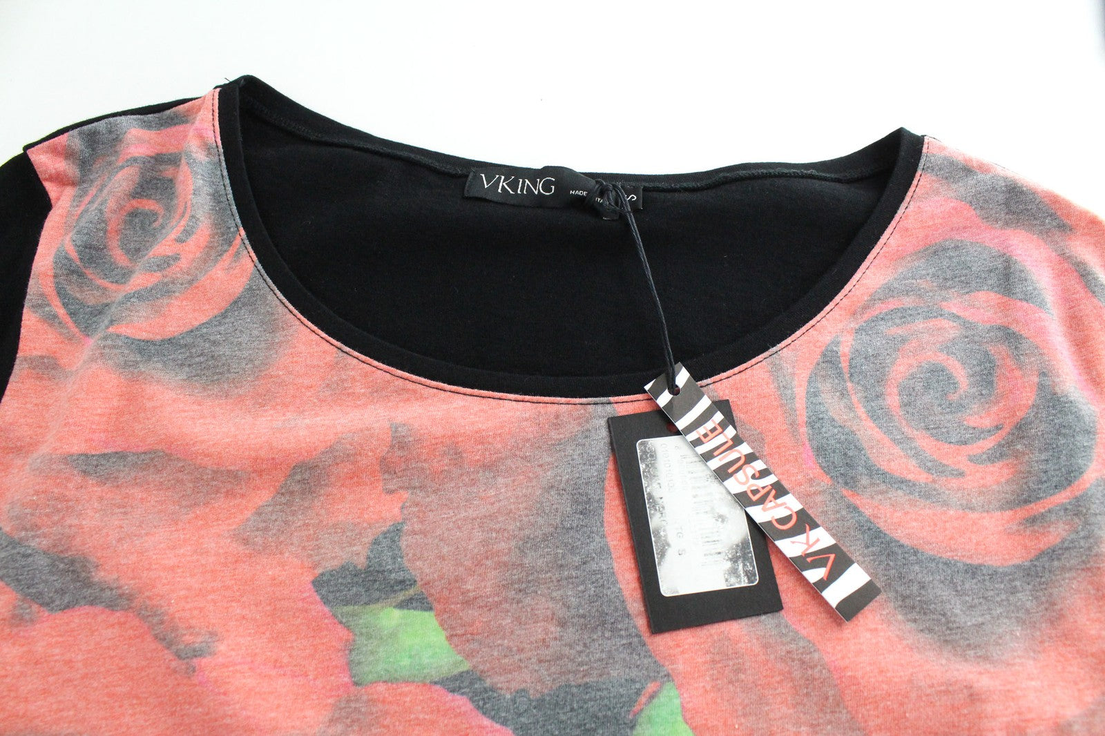 VKING Men's T-Shirt S Black Graphic Rose Print Cotton Crew Neck Jersey Top