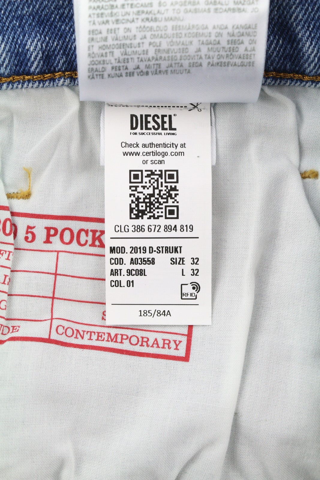 DIESEL 2019 D-Strukt 9C08L vyriški džinsai W32/L32 mėlyni, išblukinti, skalbti, prigludę, kaina – 350 USD 