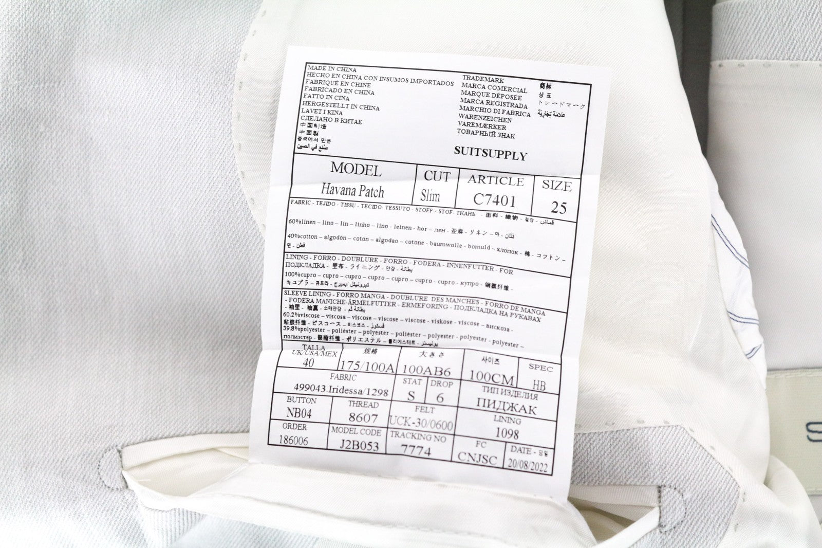 SUITSUPPLY Havana Suit UK40S Grey Slim Linen Cotton Melange 2-Piece Patch Style