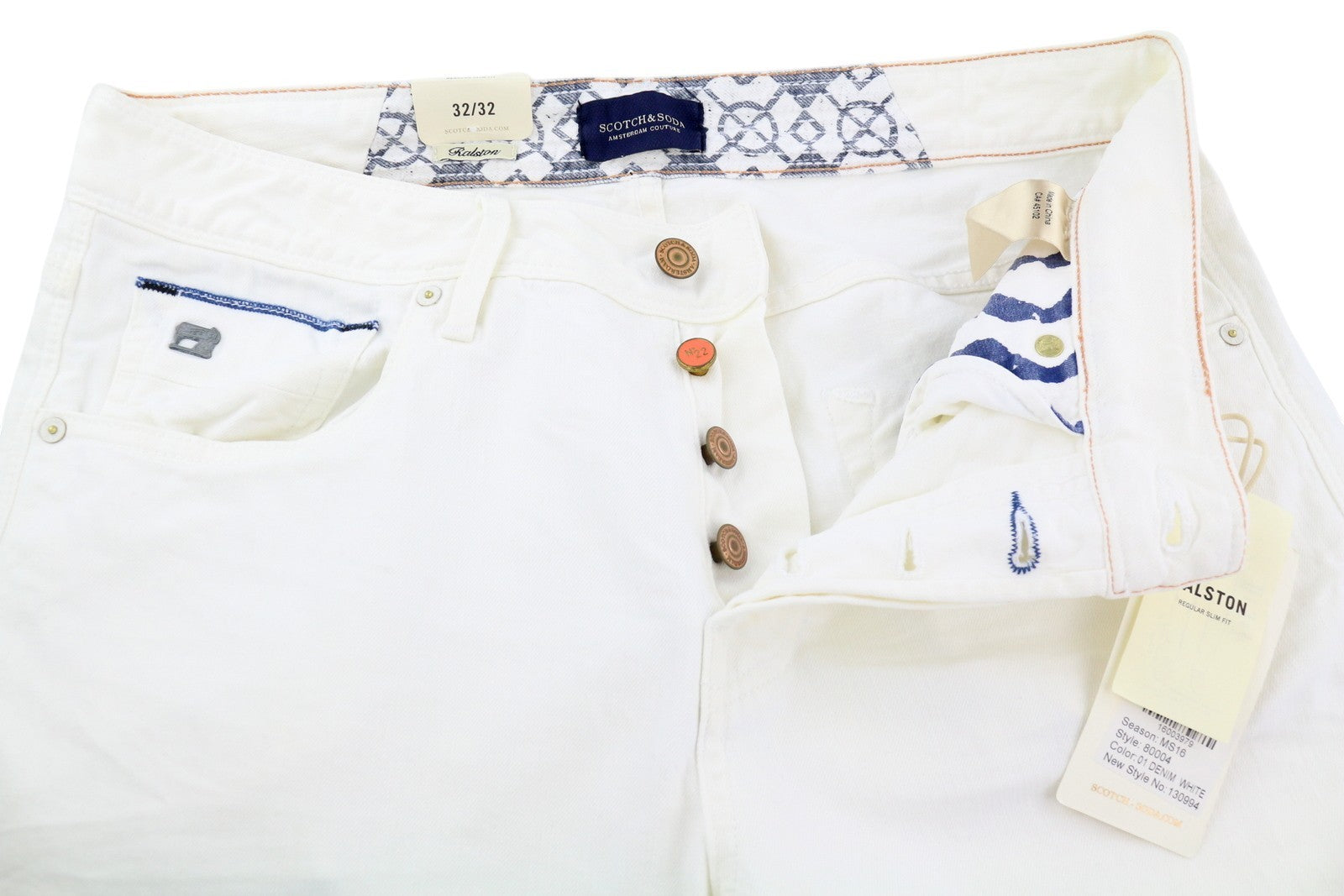 SCOTCH & SODA Ralston Men Jeans W32/L32 White Slim Fit Button Fly Logo Denim