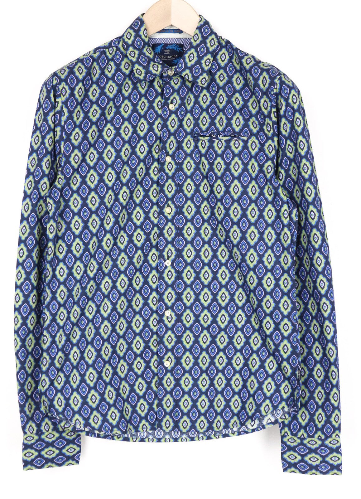 SCOTCH &amp; SODA vyriški marškinėliai su mėlyna medvilnine grafika ir sagomis bei elegantiška apykakle S dydžio