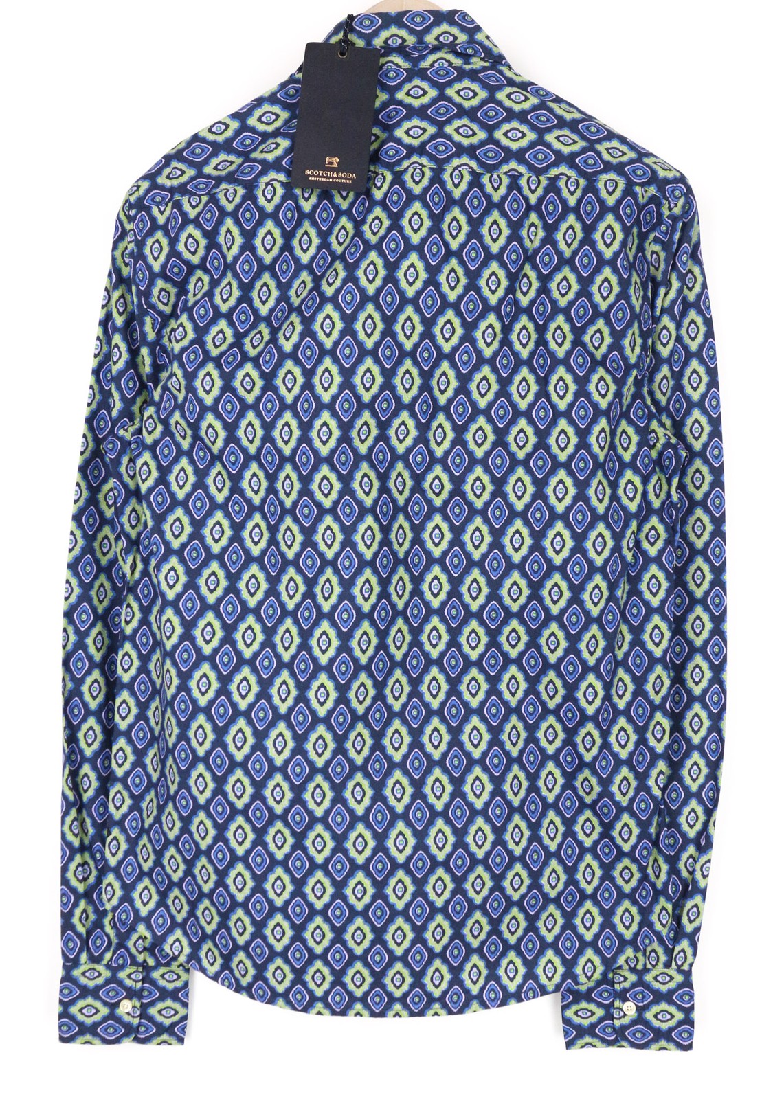 SCOTCH &amp; SODA vyriški marškinėliai su mėlyna medvilnine grafika ir sagomis bei elegantiška apykakle S dydžio