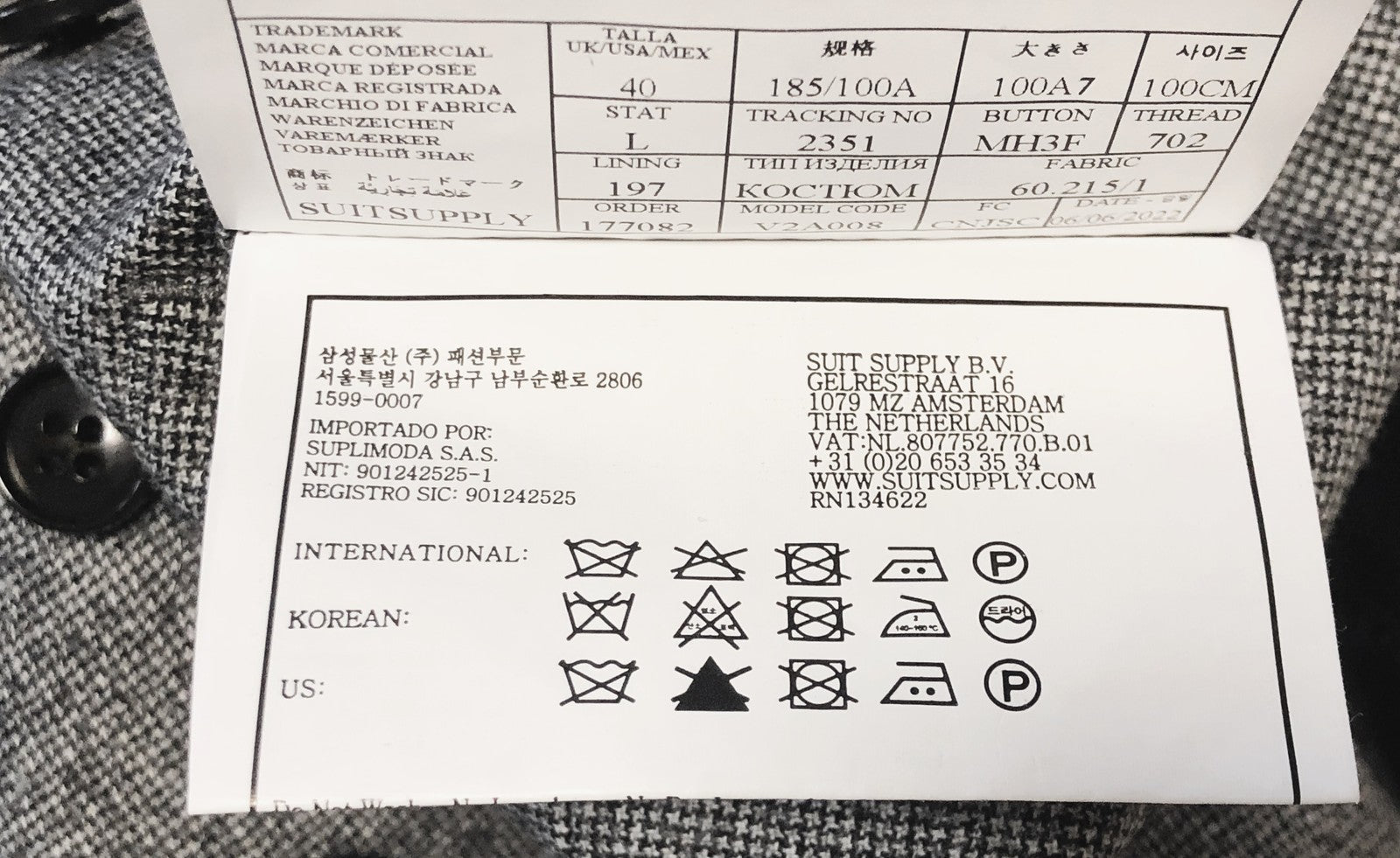 SUITSUPPLY Havana Men's Suit UK40L Grey Houndstooth 2Pc Slim S120 Wool Peak