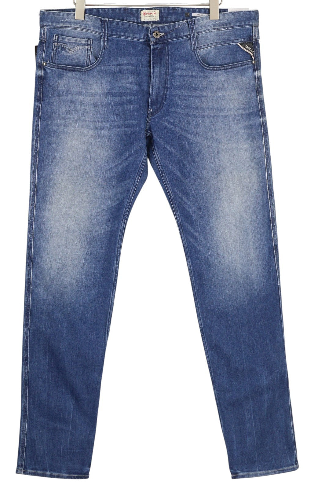 REPLAY Anbass vyriški džinsai W38/L36 mėlyni, skalbti, išblukę, ploni, su užtrauktuku ir logotipu. 