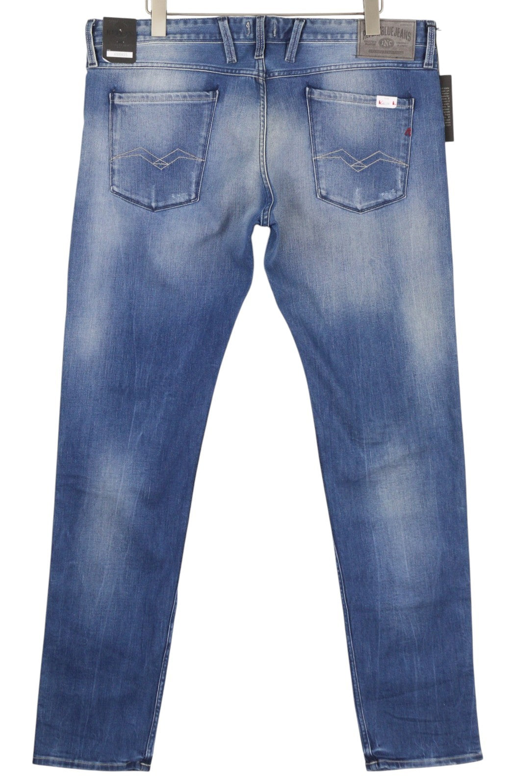 REPLAY Anbass vyriški džinsai W38/L36 mėlyni, skalbti, išblukę, ploni, su užtrauktuku ir logotipu. 