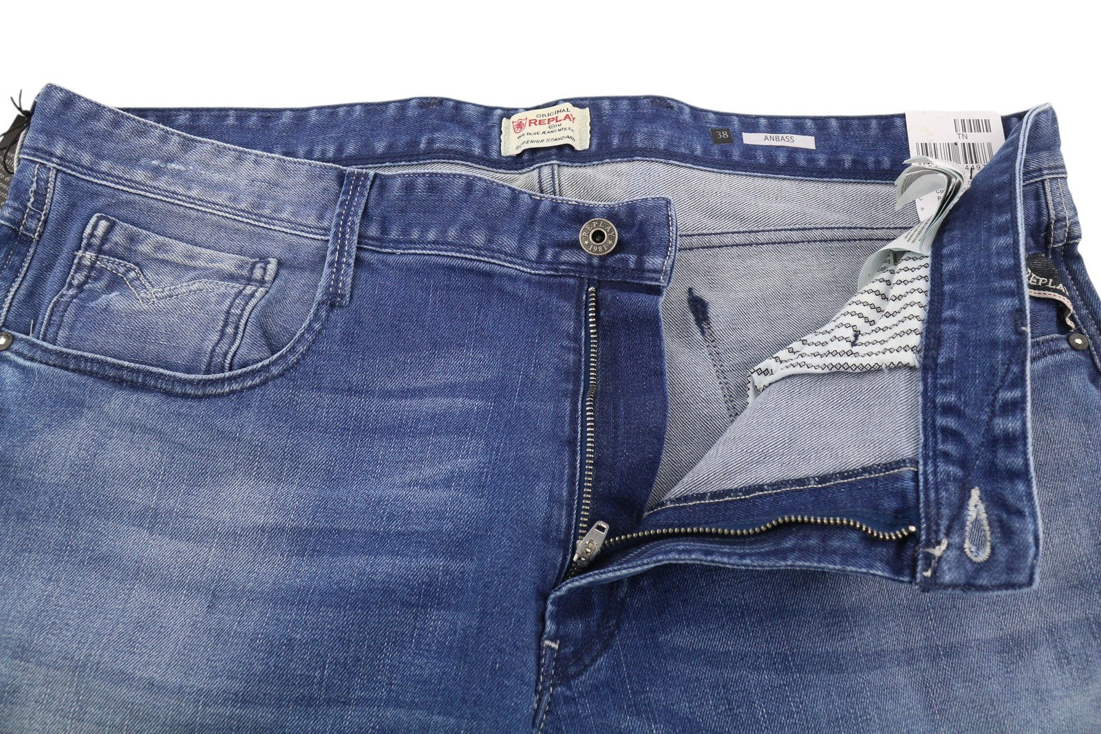 REPLAY Anbass vyriški džinsai W38/L36 mėlyni, skalbti, išblukę, ploni, su užtrauktuku ir logotipu. 