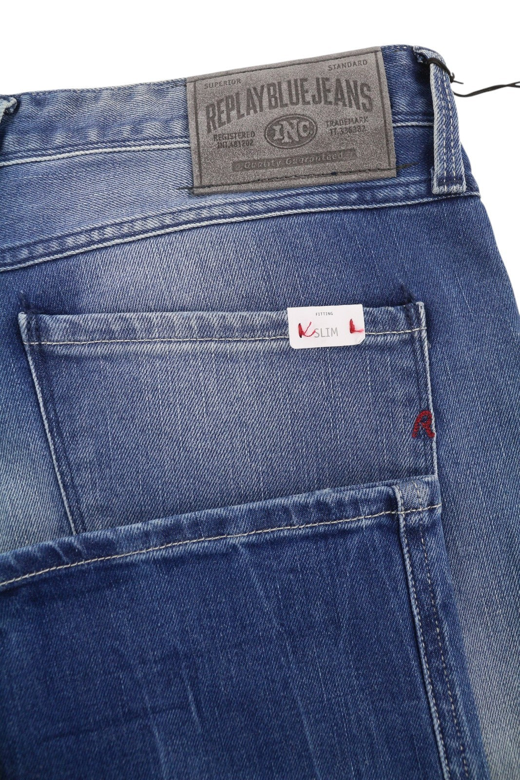 REPLAY Anbass vyriški džinsai W38/L36 mėlyni, skalbti, išblukę, ploni, su užtrauktuku ir logotipu. 