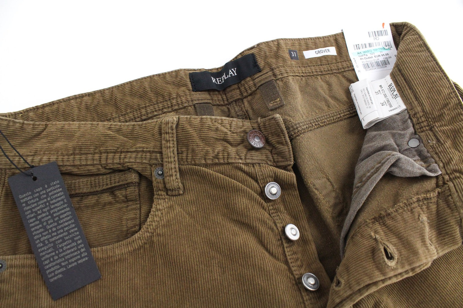 REPLAY Grover vyriškos velveto kelnės W31/L34 rudos, tiesaus kirpimo, tamprios kelnės