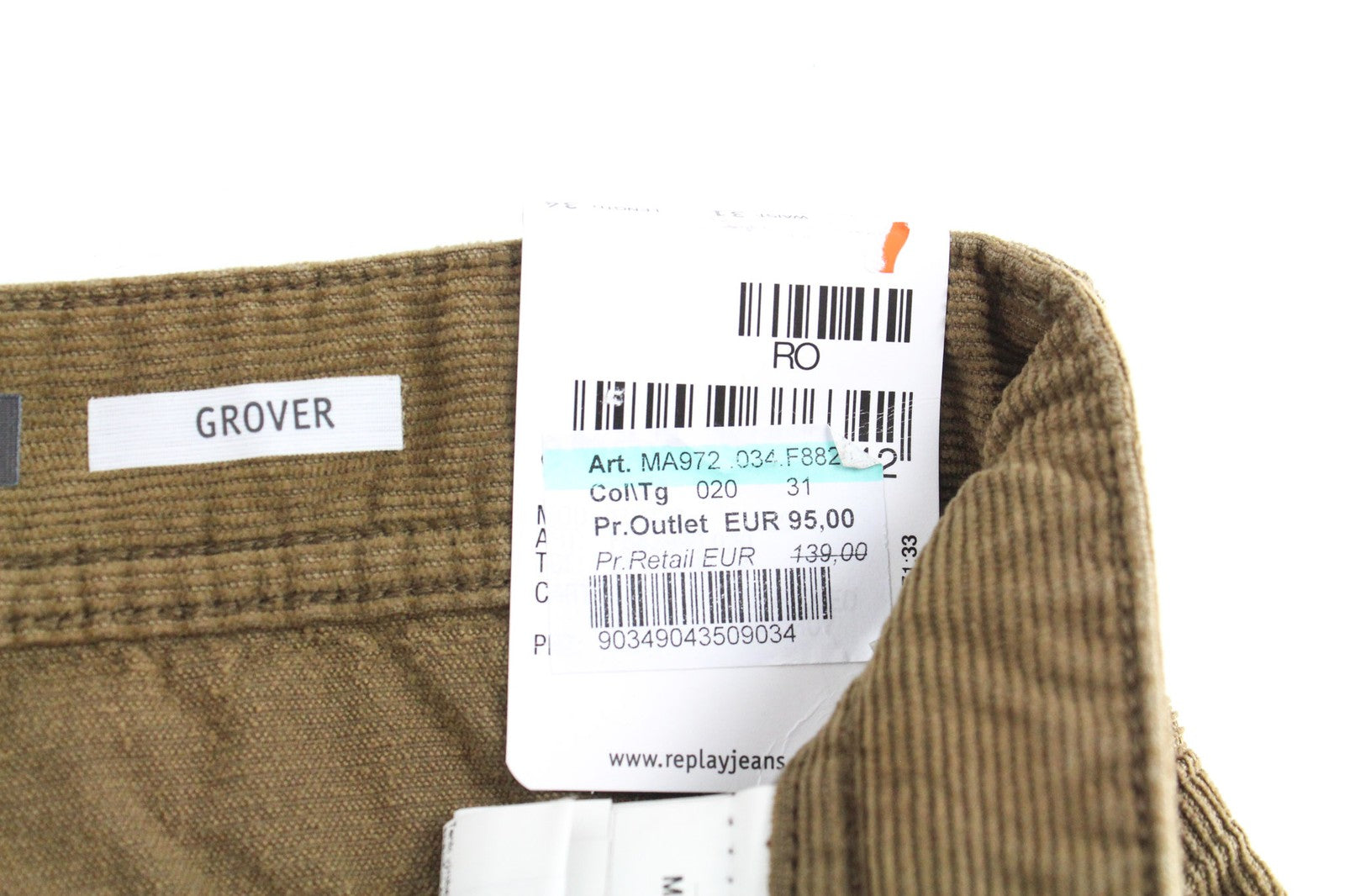 REPLAY Grover vyriškos velveto kelnės W31/L34 rudos, tiesaus kirpimo, tamprios kelnės