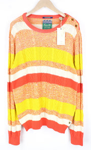 SCOTCH &amp; SODA vyriškas megztinis L oranžinis dryžuotas kabelio rašto medvilninis megztinis su apvalia apykakle 