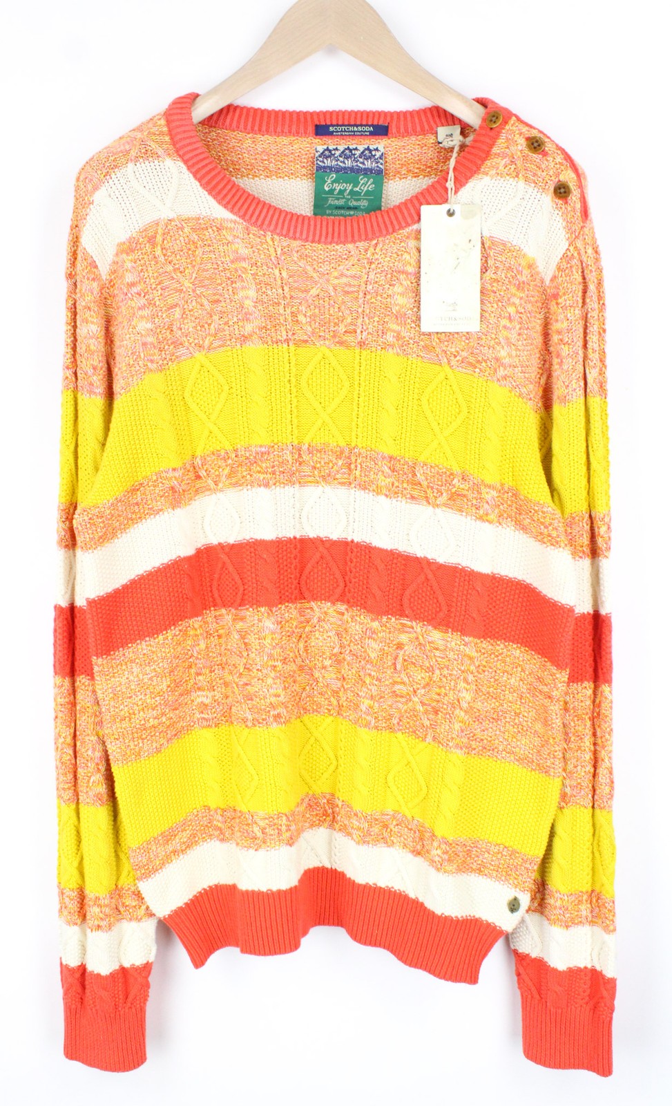 SCOTCH &amp; SODA vyriškas megztinis L oranžinis dryžuotas kabelio rašto medvilninis megztinis su apvalia apykakle 