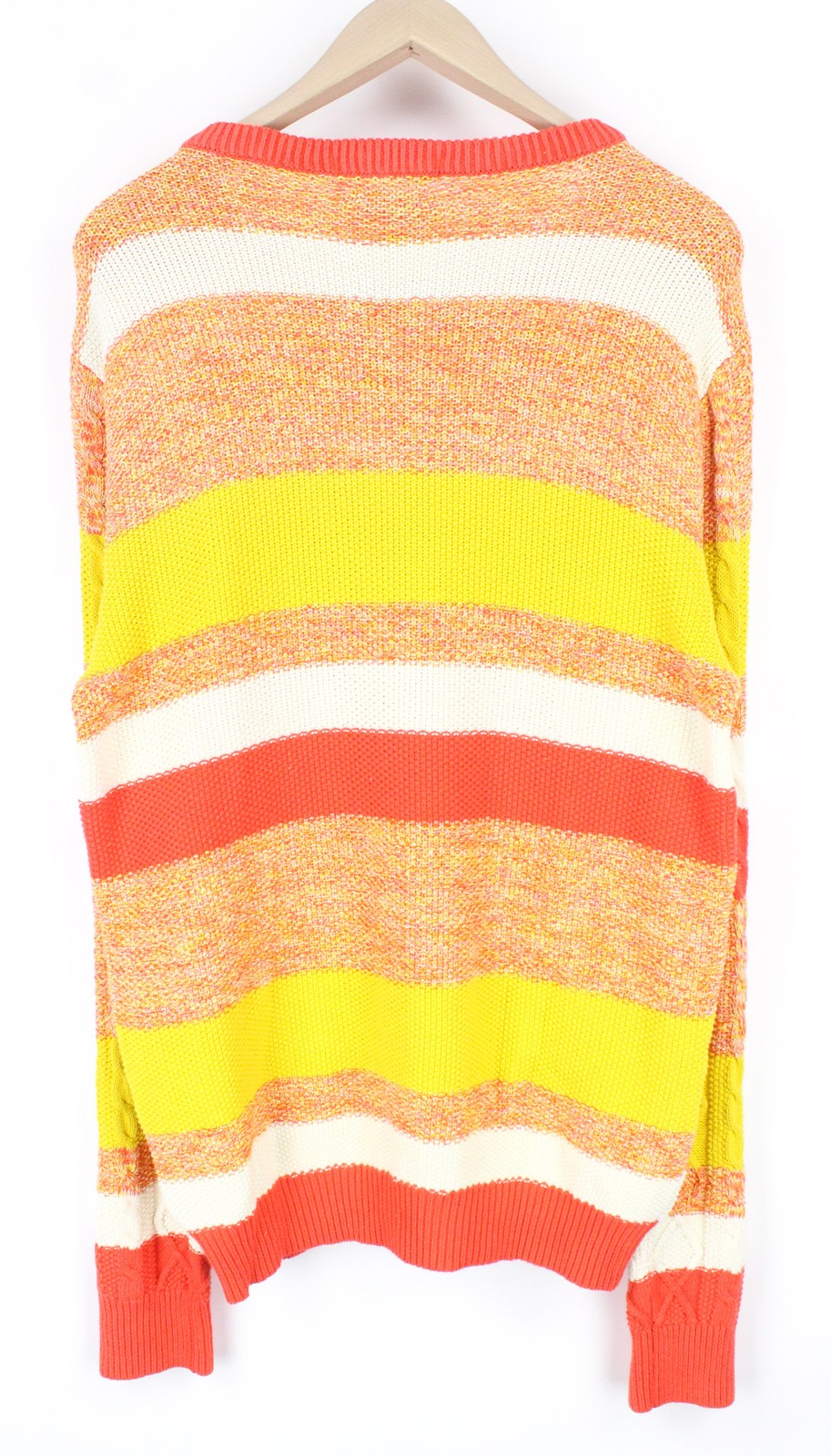 SCOTCH &amp; SODA vyriškas megztinis L oranžinis dryžuotas kabelio rašto medvilninis megztinis su apvalia apykakle 