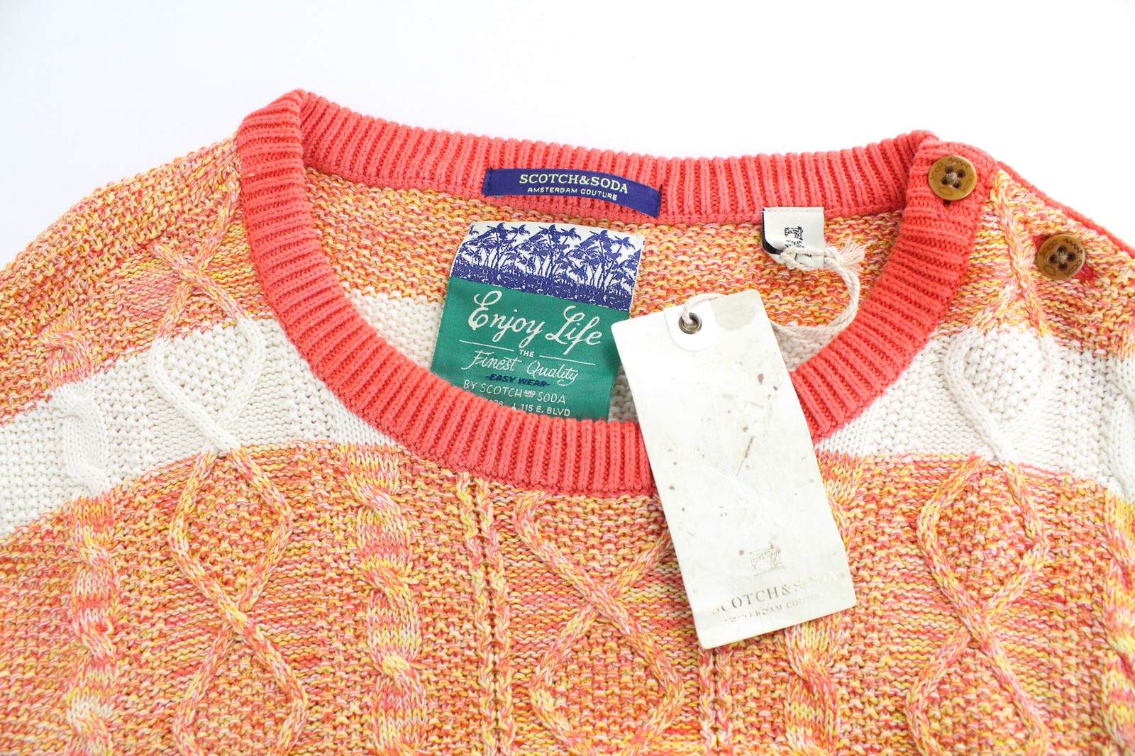 SCOTCH &amp; SODA vyriškas megztinis L oranžinis dryžuotas kabelio rašto medvilninis megztinis su apvalia apykakle 