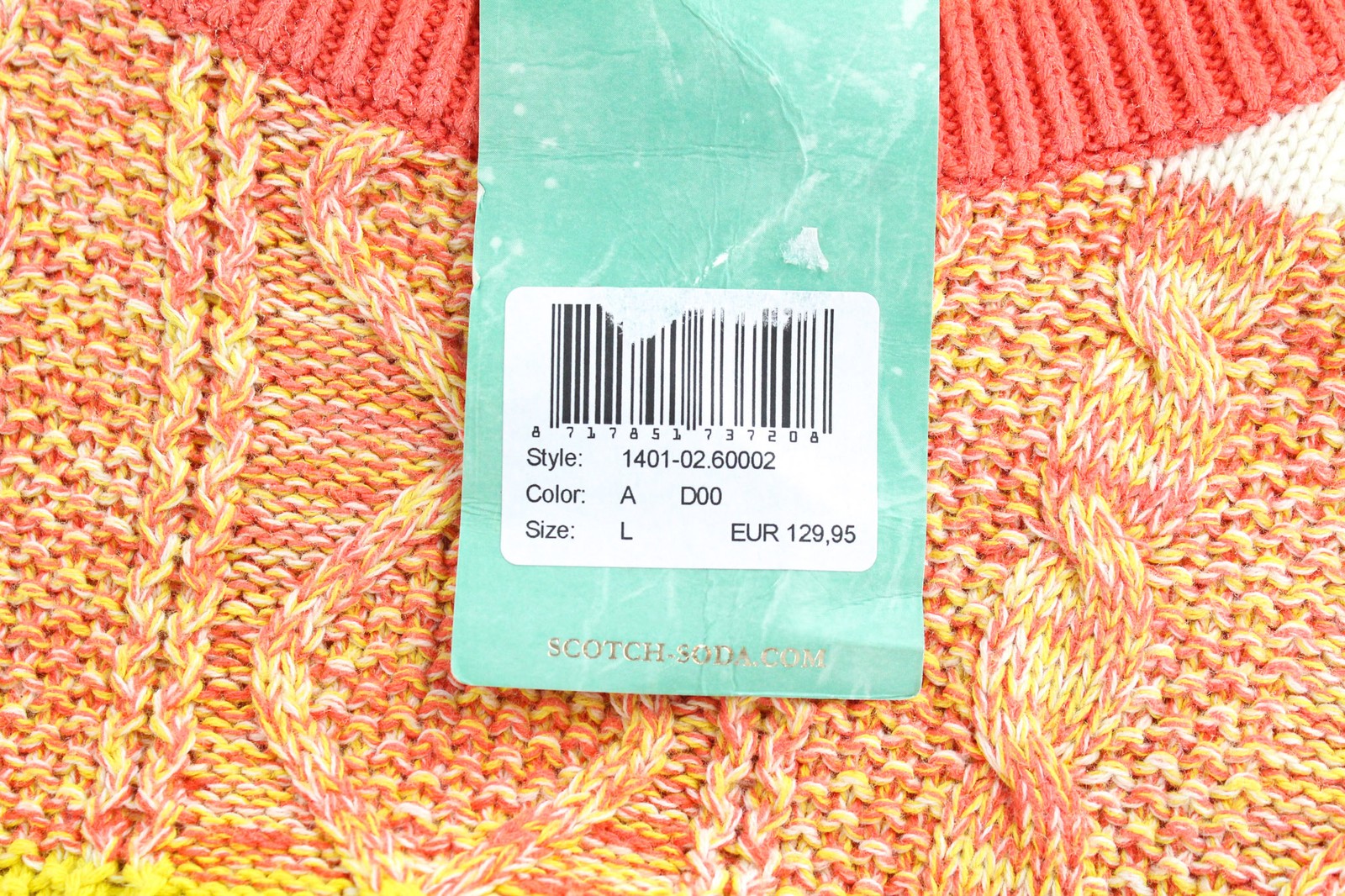 SCOTCH &amp; SODA vyriškas megztinis L oranžinis dryžuotas kabelio rašto medvilninis megztinis su apvalia apykakle 