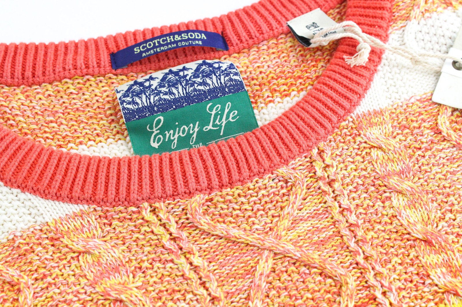 SCOTCH &amp; SODA vyriškas megztinis L oranžinis dryžuotas kabelio rašto medvilninis megztinis su apvalia apykakle 