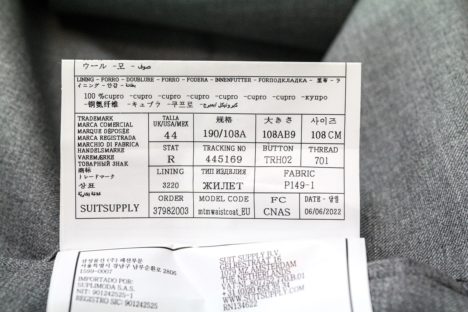 SUITSUPPLY Ferrara liemenė UK44R pilka dryžuota vilnonė plona kirpimo vidutinio tono klasikinė 