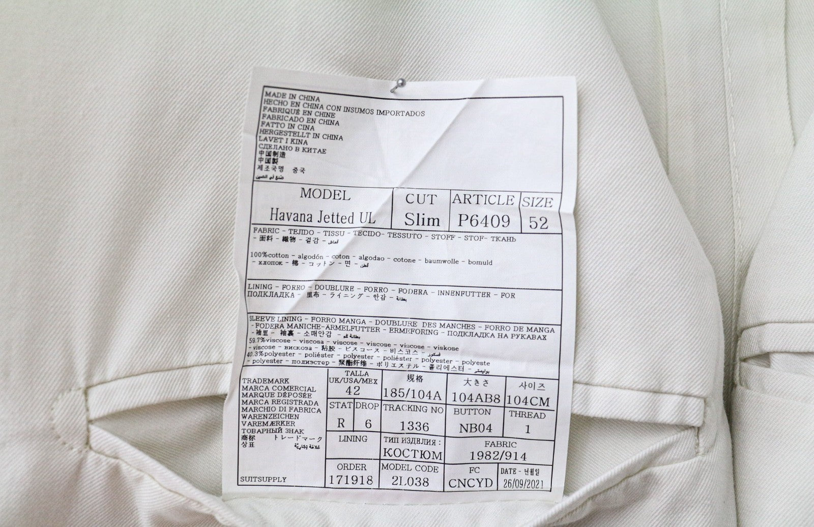 SUITSUPPLY Havana Men's UK42R White Slim Fit Cotton 2 Piece Single Breasted Suit