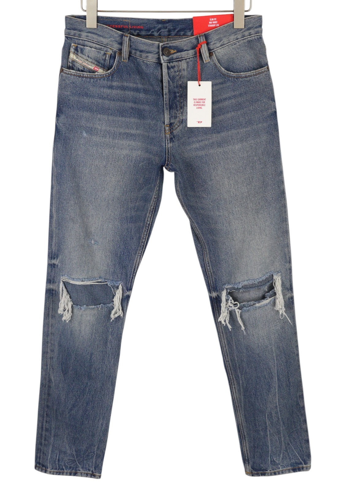 DIESEL 1995 09E02 vyriški džinsai W30/L30 mėlyni, plėšyti, ploni, tiesūs, RRP 375 USD 