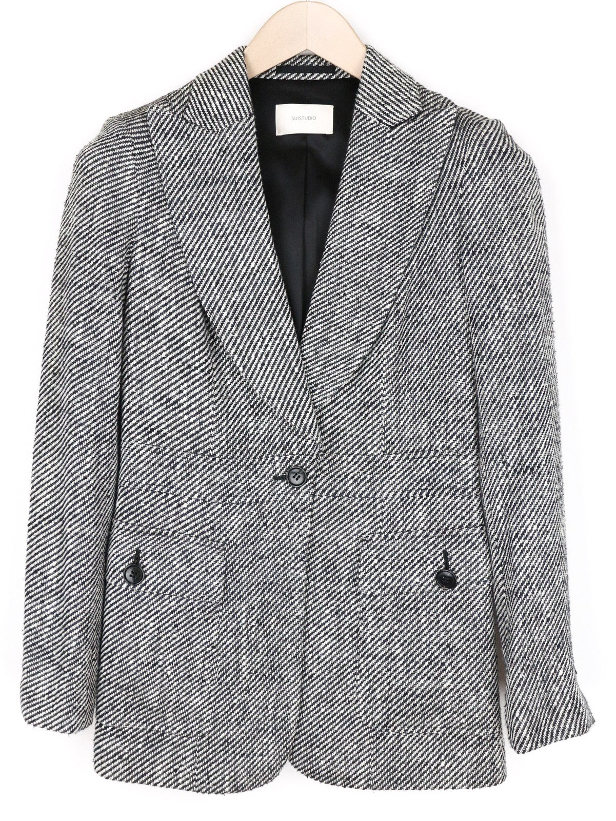 „SUITSUPPLY Olivia“ moteriškas pilkas šilkinis medvilninis raštuotas švarkas su smailiu atvartu (UK8R) 