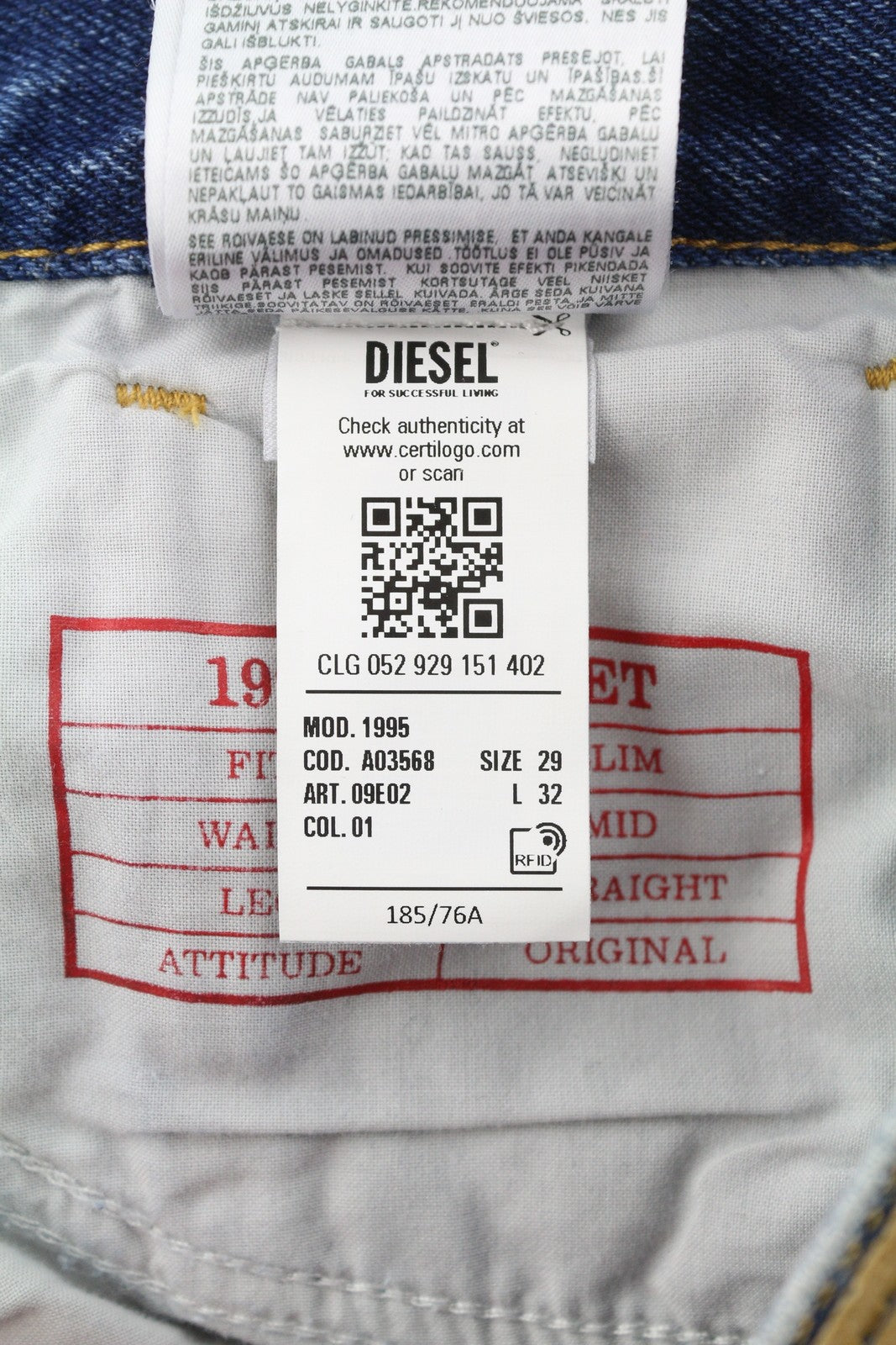 DIESEL 1995 09E02 vyriški džinsai W29/L32 mėlyni, plėšyti, ploni, tiesūs, RRP 375 USD 