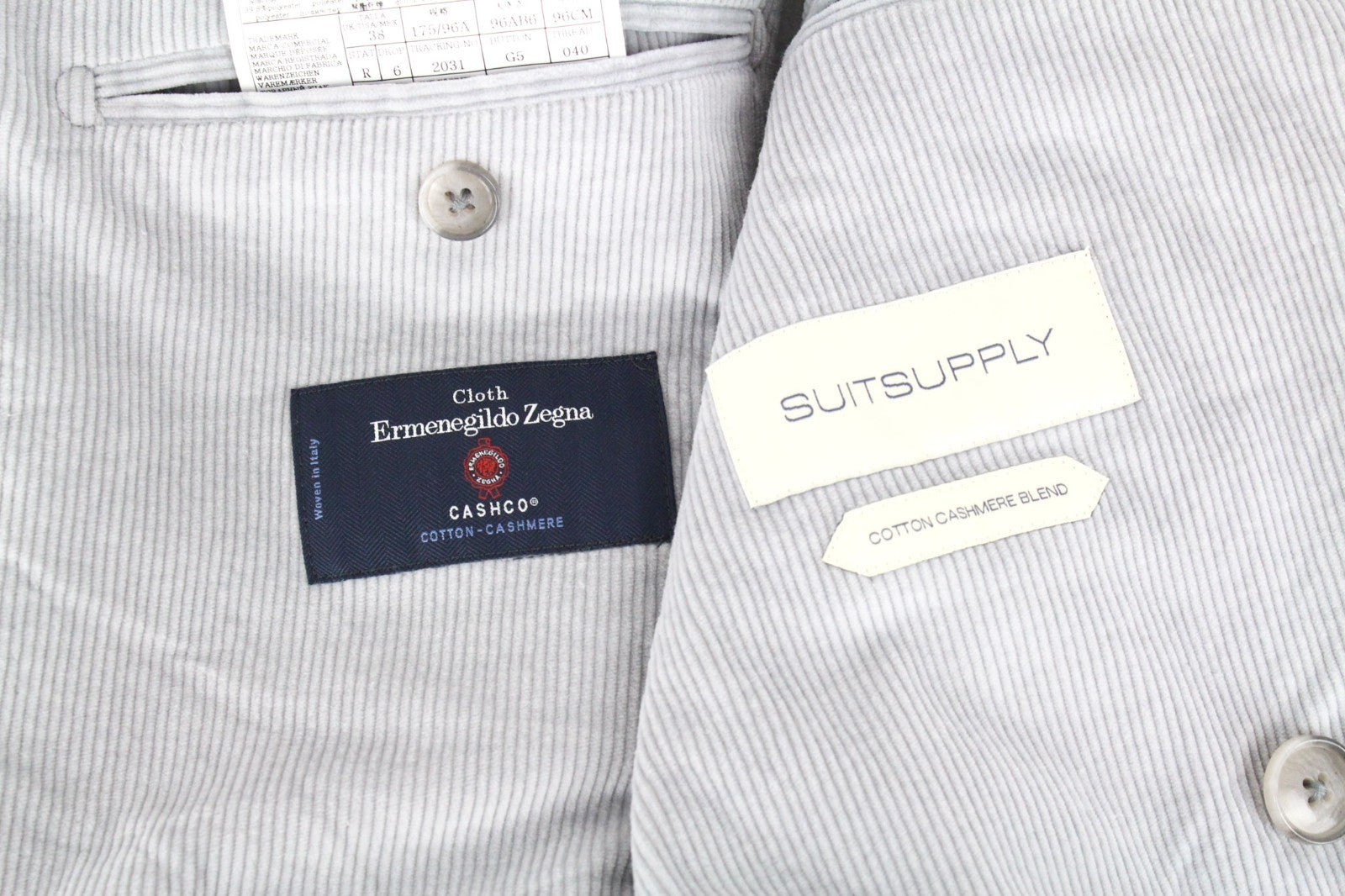 SUITSUPPLY Havana Men's UK38R Slim Grey Cotton Cashmere Zegna Corduroy 2Pc Suit