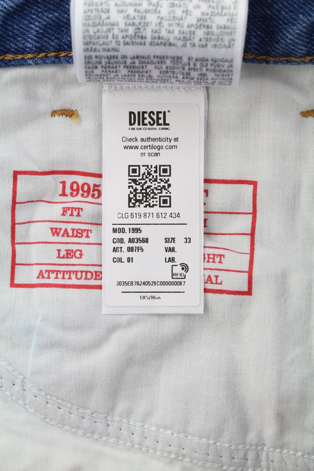 DIESEL 1995 007F5 vyriški džinsai W33/L32 Slim Fit tiesaus kirpimo, su logotipu ir RRP 250 € 