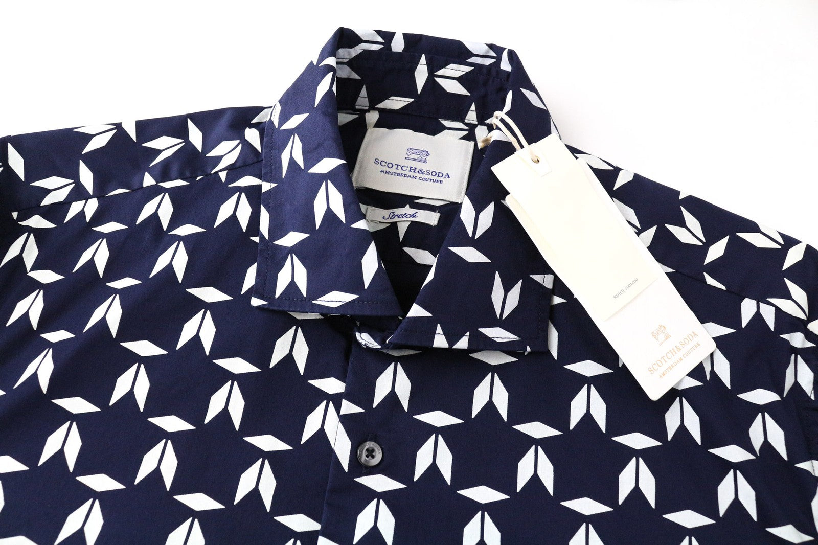 SCOTCH &amp; SODA vyriški M dydžio jūrų geometrinio rašto tamprūs medvilnės mišinio ploni marškinėliai 