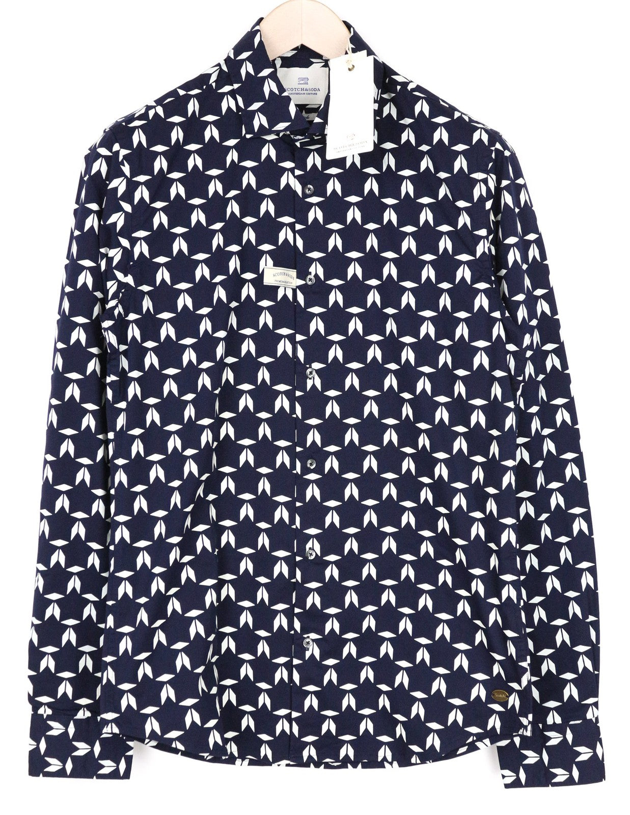 SCOTCH &amp; SODA vyriški M dydžio jūrų geometrinio rašto tamprūs medvilnės mišinio ploni marškinėliai 