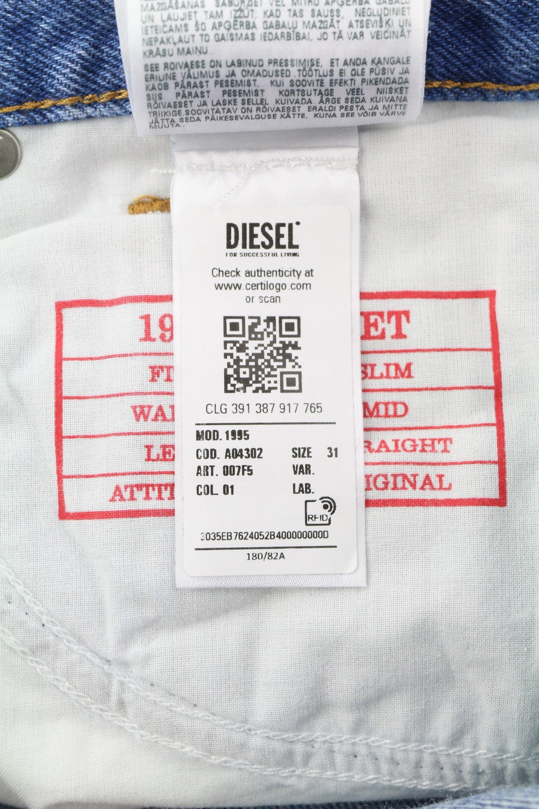 DIESEL 1995 007F5 vyriški džinsai W31/L30 Slim Fit tiesaus kirpimo su logotipu ir RRP 250 € 