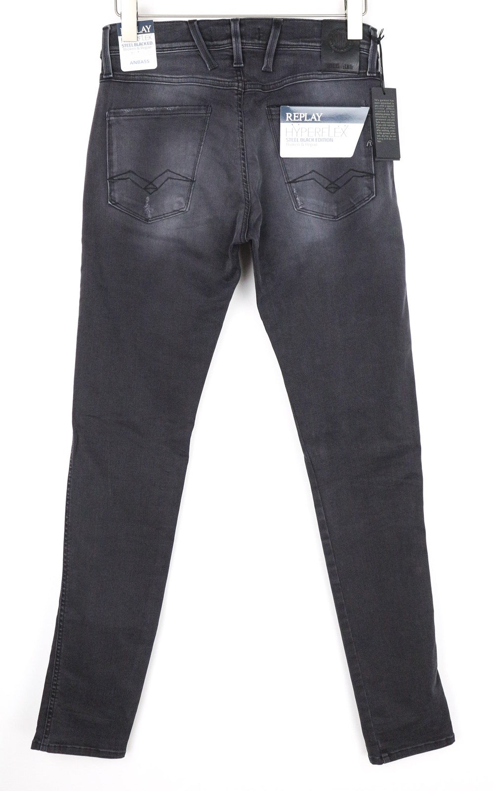 REPLAY Anbass Men's W30/L34 Dark Grey Slim Distressed Stretch Zip Fly Jeans