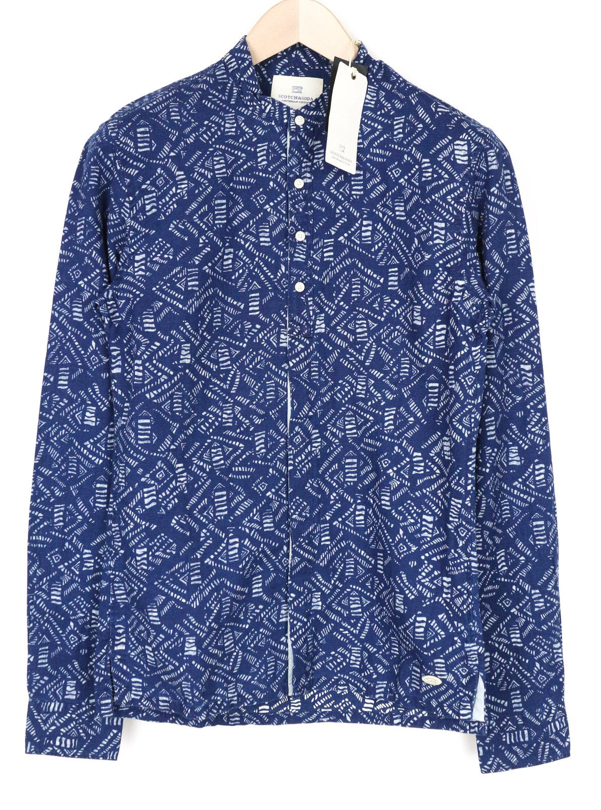 SCOTCH &amp; SODA vyriški mėlyni abstrakčiai su grafika „Henley“ medvilninio lino mišinio marškiniai S dydžio 