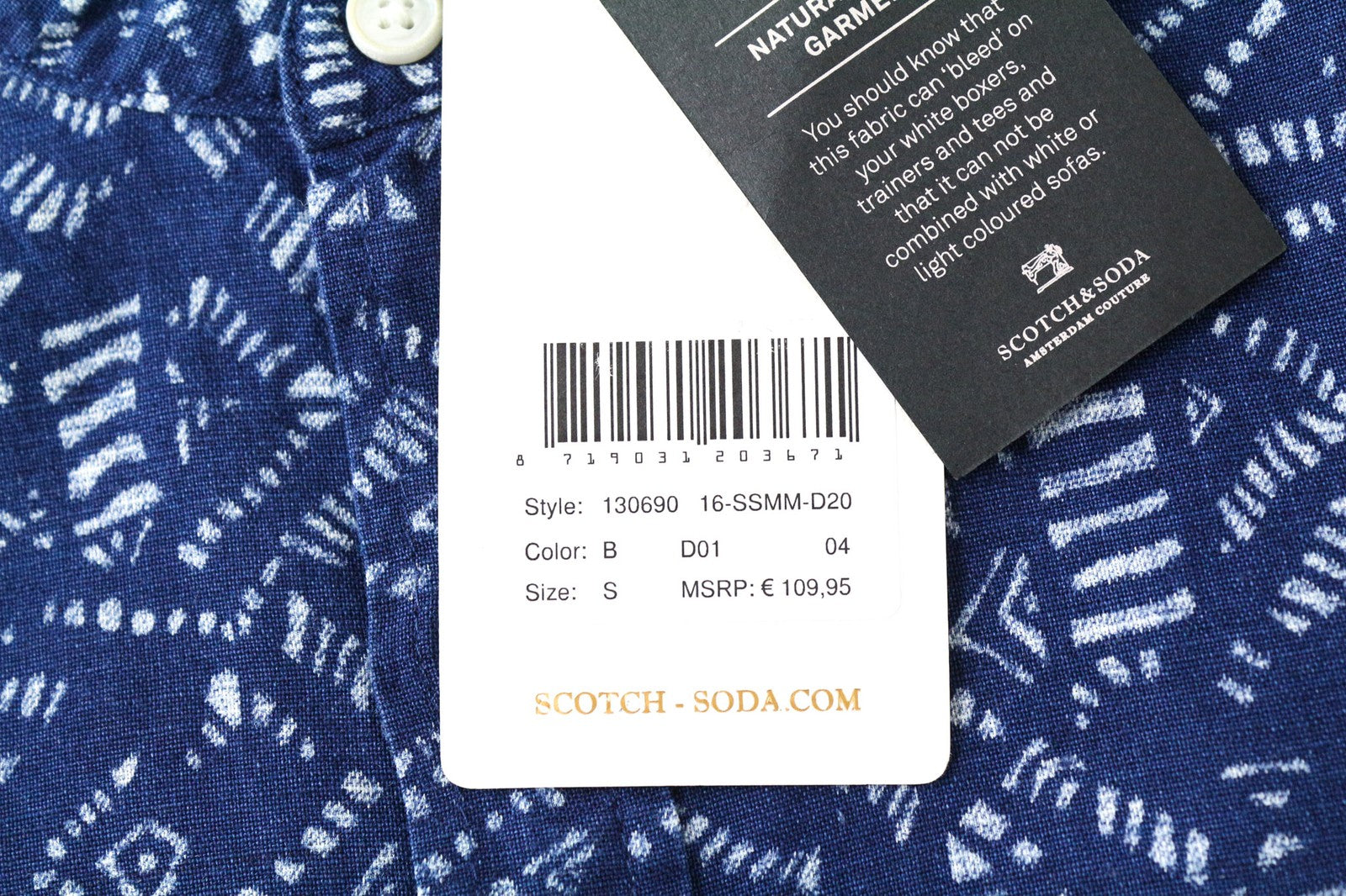 SCOTCH &amp; SODA vyriški mėlyni abstrakčiai su grafika „Henley“ medvilninio lino mišinio marškiniai S dydžio 