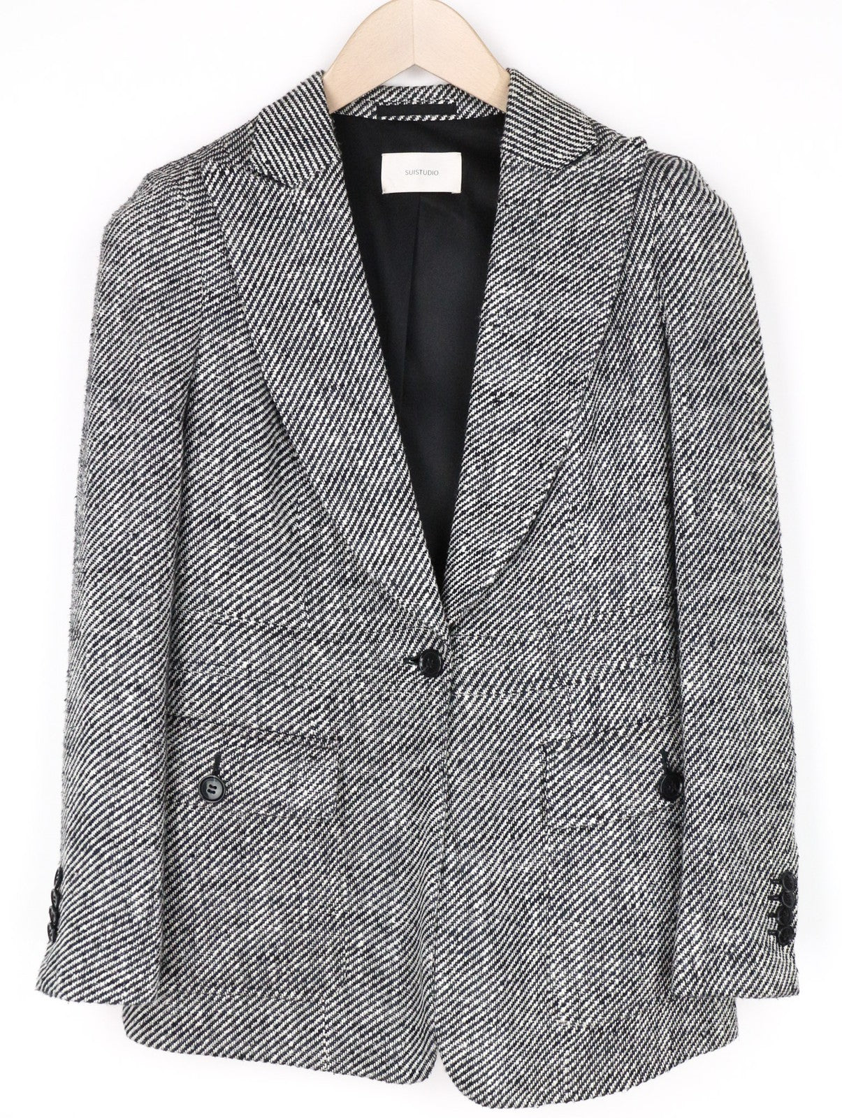 „SUITSUPPLY Olivia“ moteriškas pilkas šilkinis medvilninis švarkas su vieneiliu raštu, UK10R dydis 