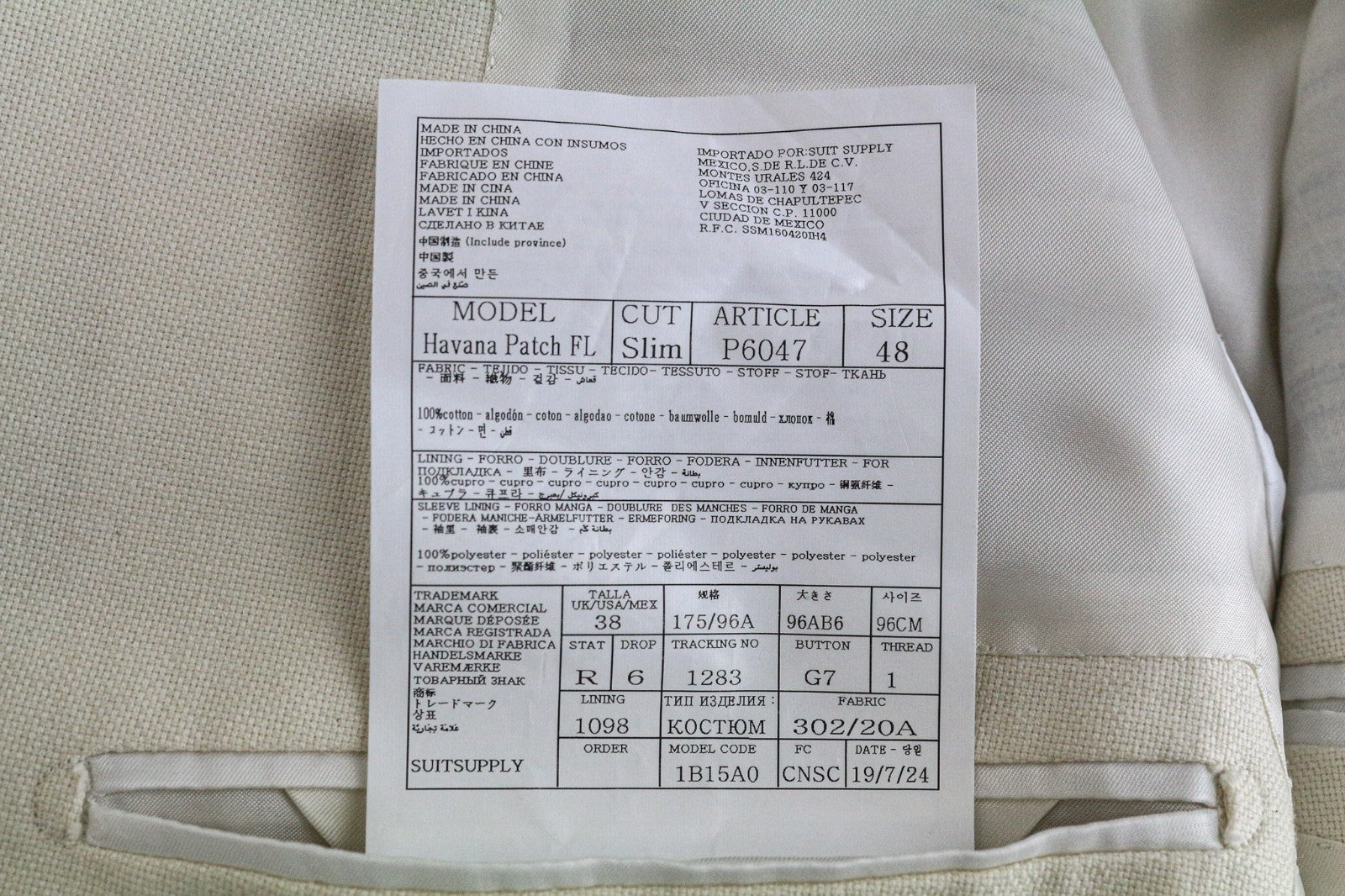 SUITSUPPLY Havana Men's UK38R Off-White Slim Fit Pure Cotton Dress 2 Piece Set