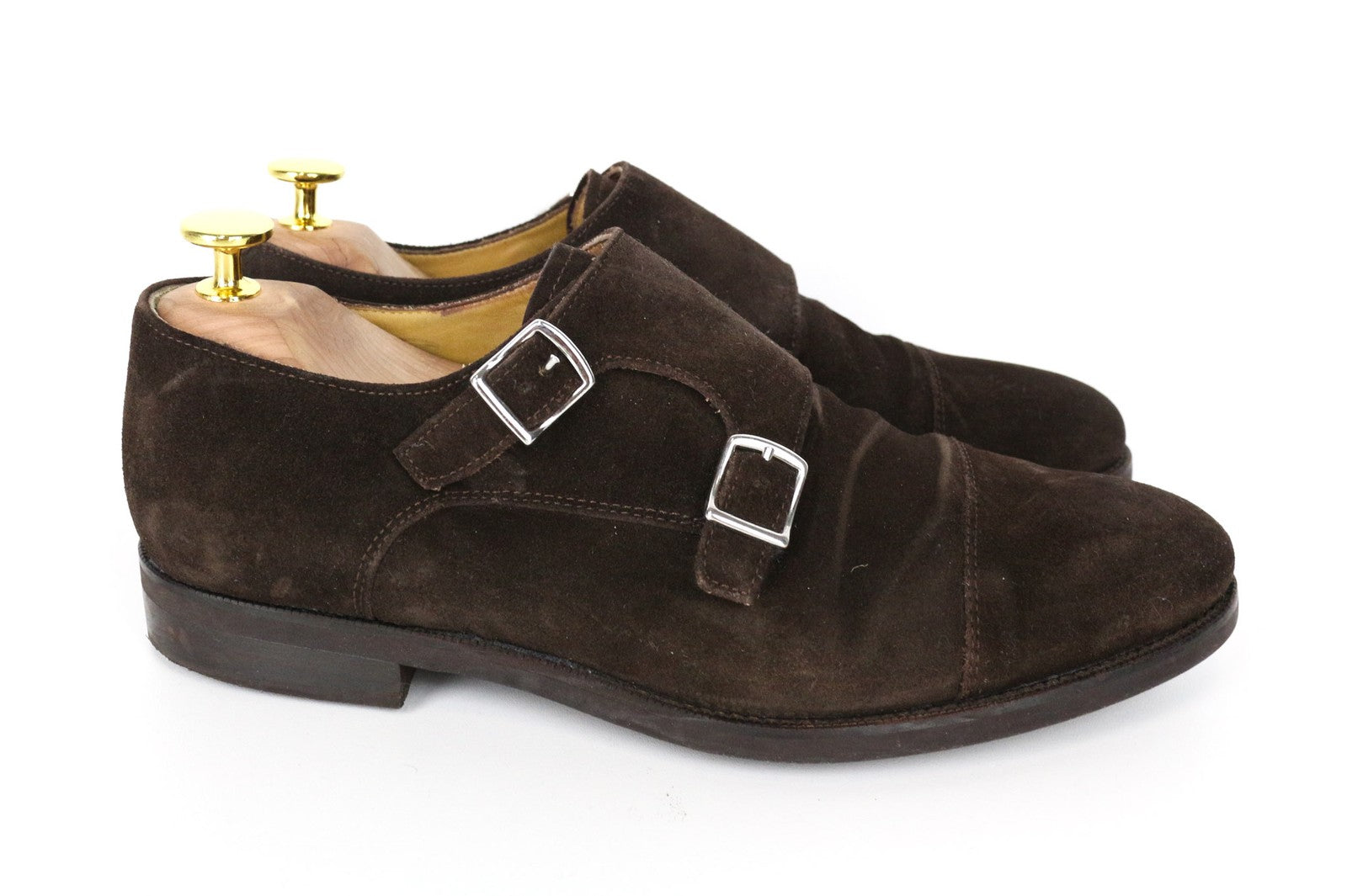 SUITSUPPLY vyriški rudi EU40 zomšiniai veršiuko odos bateliai su dvigubomis vienuolio dirželiais 