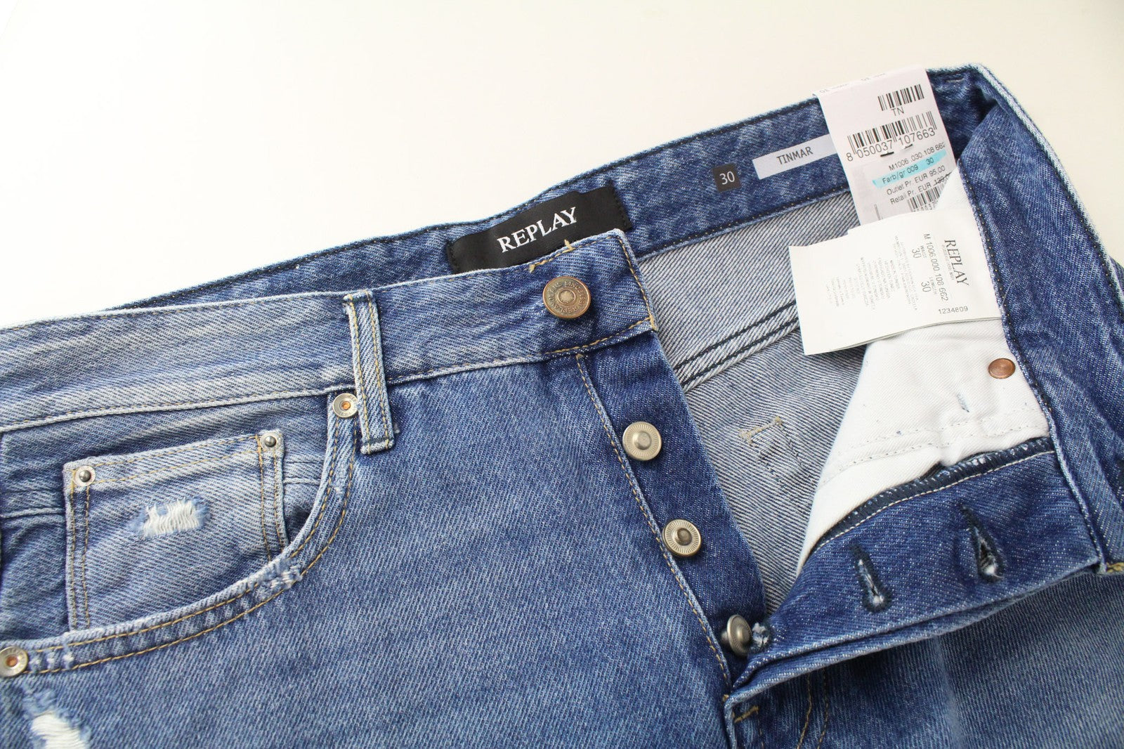 REPLAY Tinmar vyriški W30/L30 mėlyni siaurėjantys grynos medvilnės džinsai 
