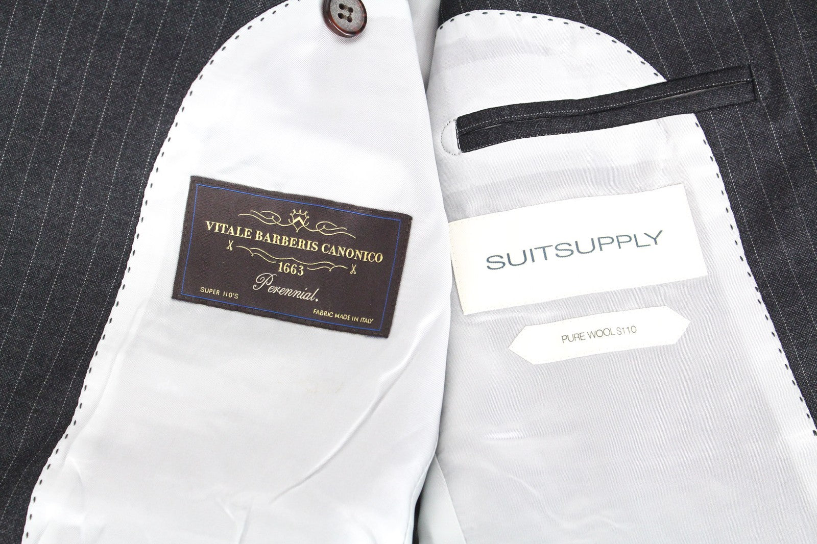 SUITSUPPLY Lazio vyriškas pilkas vilnonis plonas dviejų dalių kostiumas, UK36S, su derančia liemene 