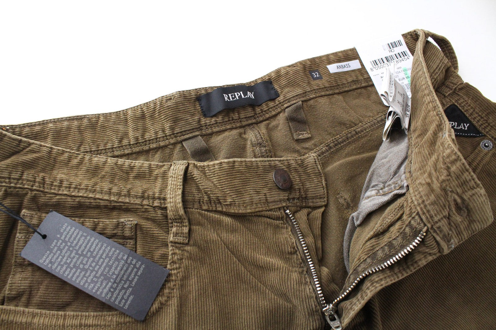 REPLAY Anbass Men's W32/L34 Brown Slim Fit Cotton Stretch Trousers