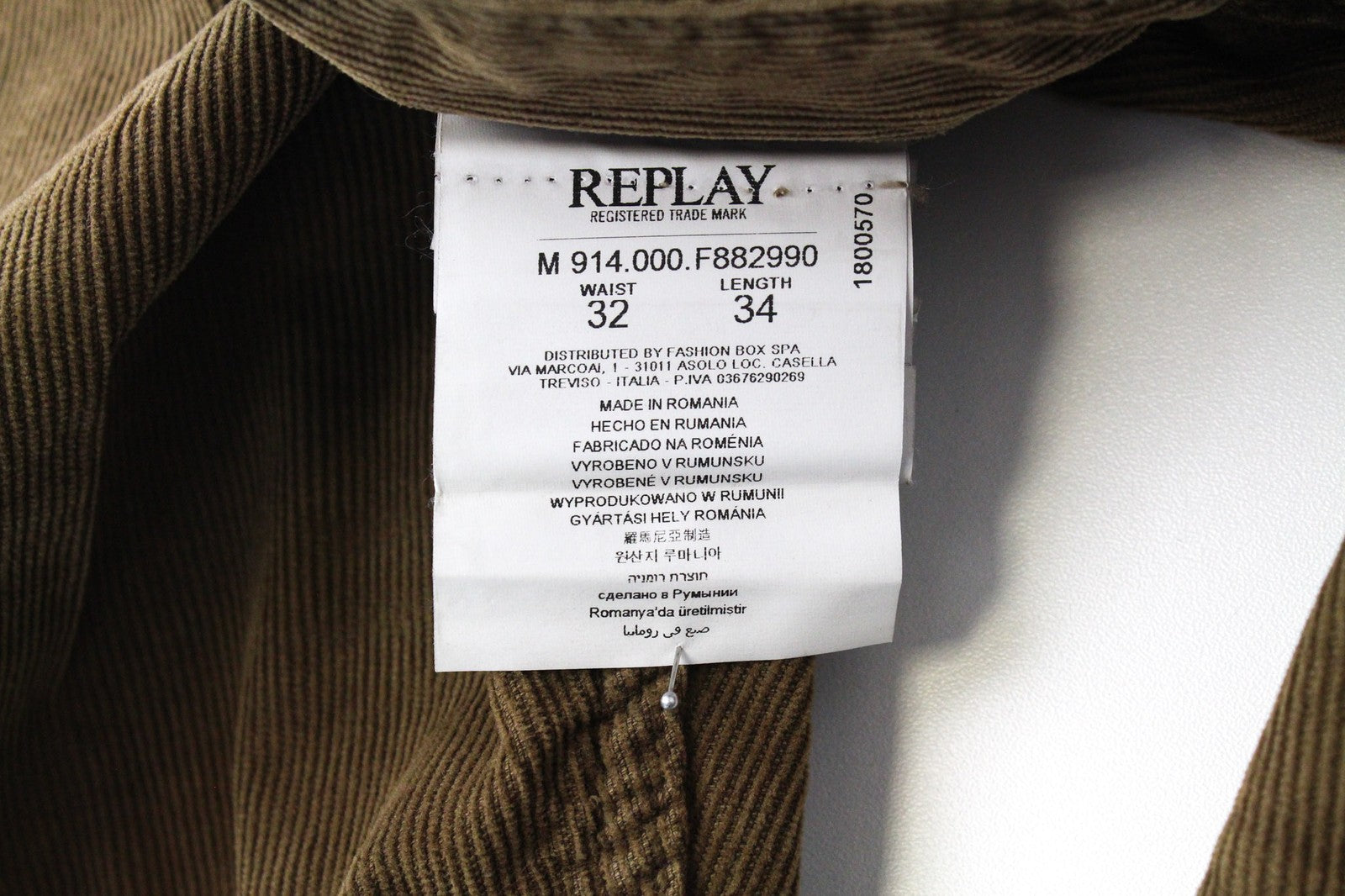 REPLAY Anbass Men's W32/L34 Brown Slim Fit Cotton Stretch Trousers