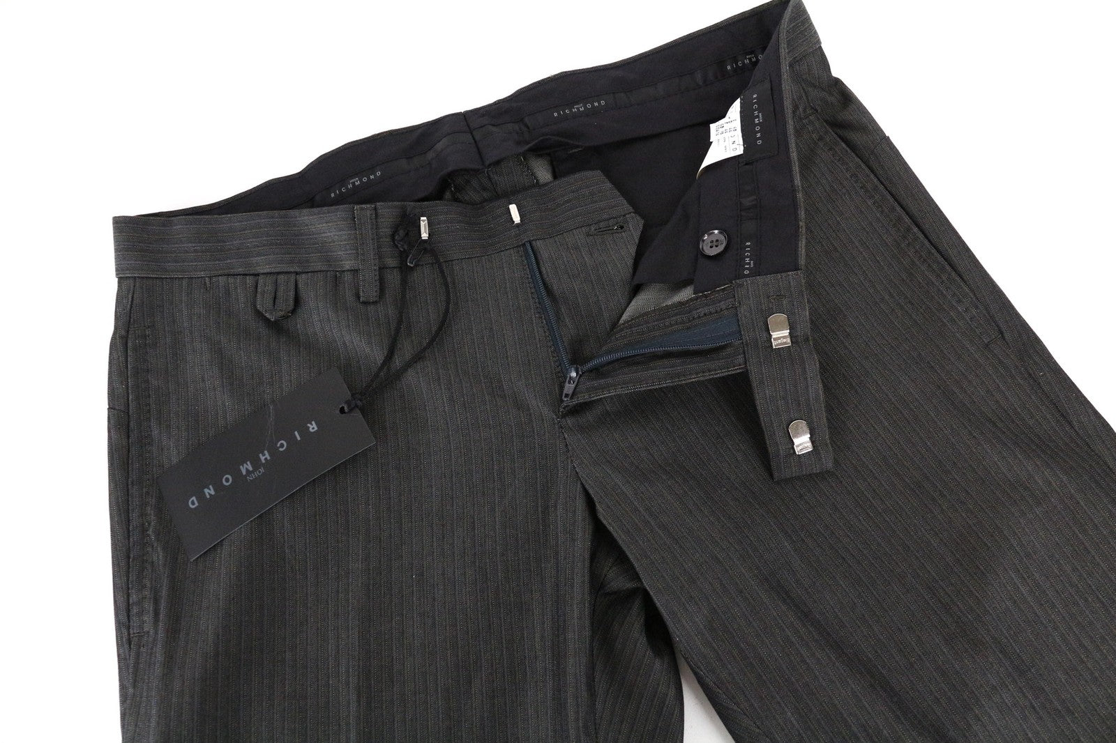 JOHN RICHMOND vyriškos pilkos dryžuotos grynos medvilnės klasikinės oficialios kelnės, UK16 