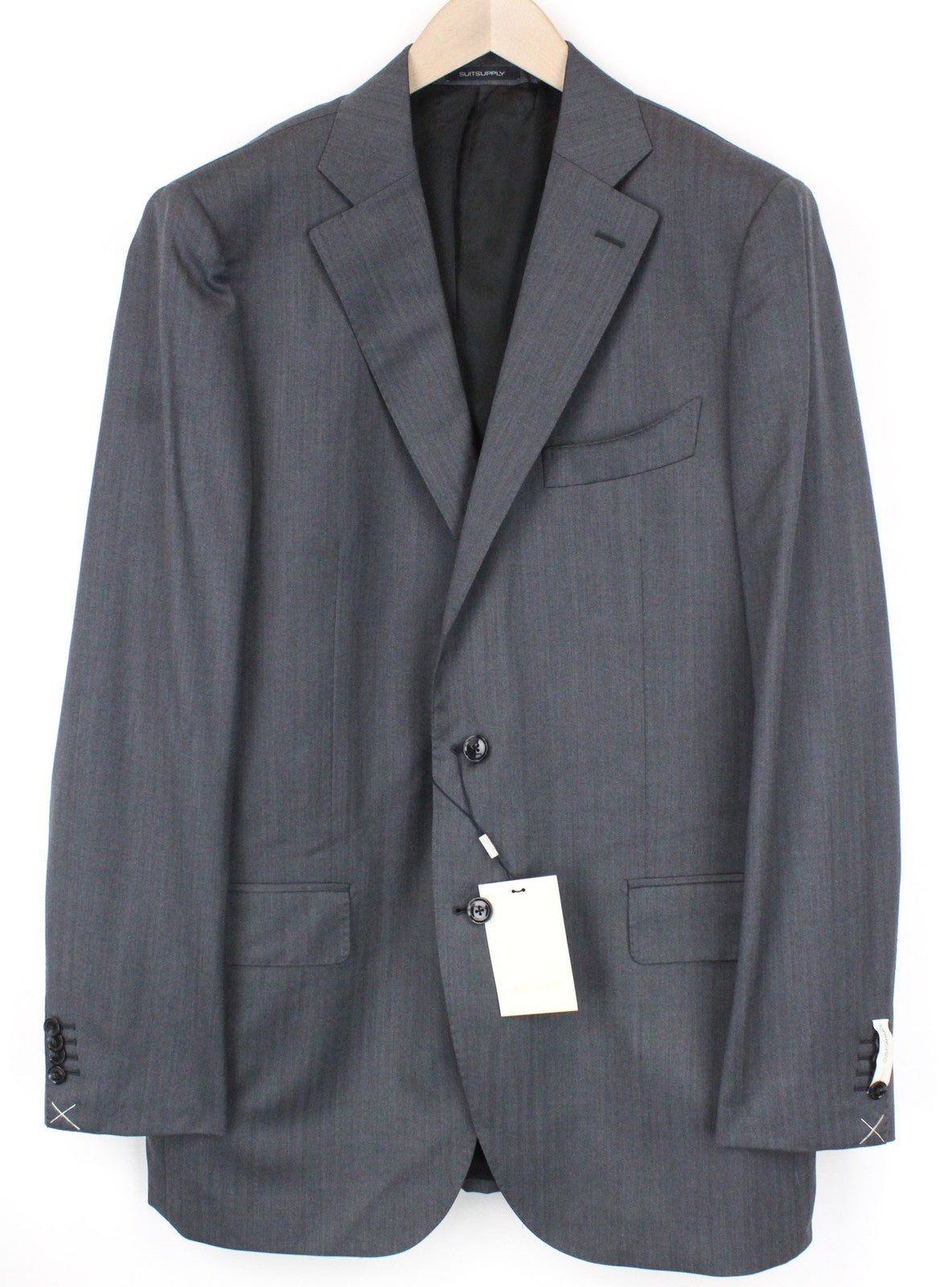 SUITSUPPLY La Spalla vyriškas pilkas vilnonis pamušalas, vienaeilis švarkas, UK48L 