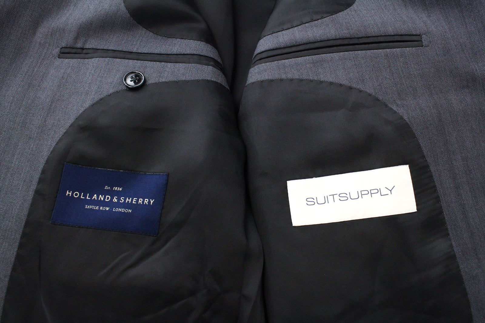 SUITSUPPLY La Spalla vyriškas pilkas vilnonis pamušalas, vienaeilis švarkas, UK48L 