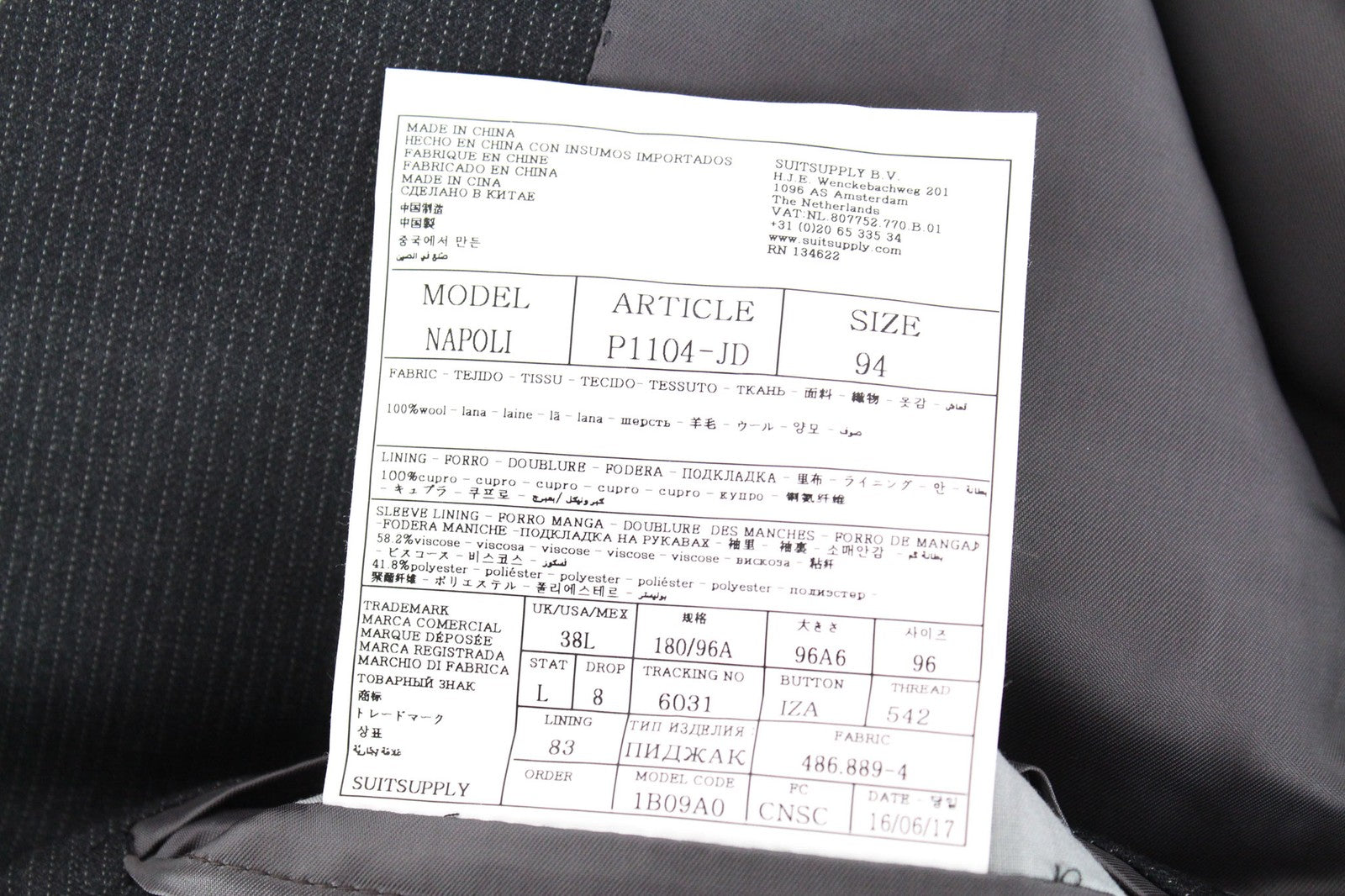 „SUITSUPPLY Napoli“ vyriškas pilkas vilnonis dryžuotas švarkas „Super 110's“, 38L dydis 