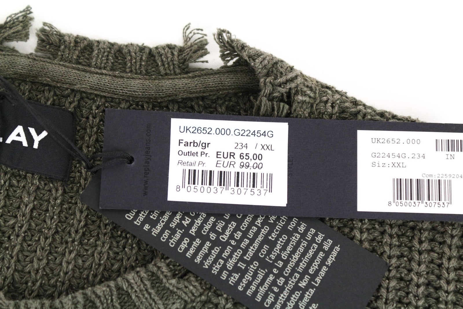 REPLAY vyriškas 2XL žalias medvilninis megztinis ilgomis rankovėmis 
