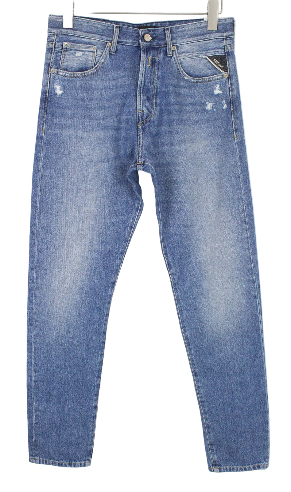 REPLAY Tinmar vyriški W30/L32 mėlyni siaurėjantys grynos medvilnės džinsai 