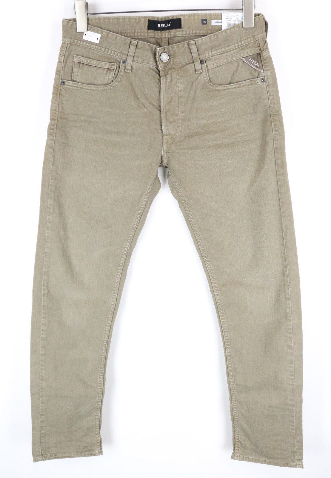 REPLAY Grover vyriški smėlio spalvos rudi tiesaus kirpimo medvilniniai tamprūs džinsai W30/L32 