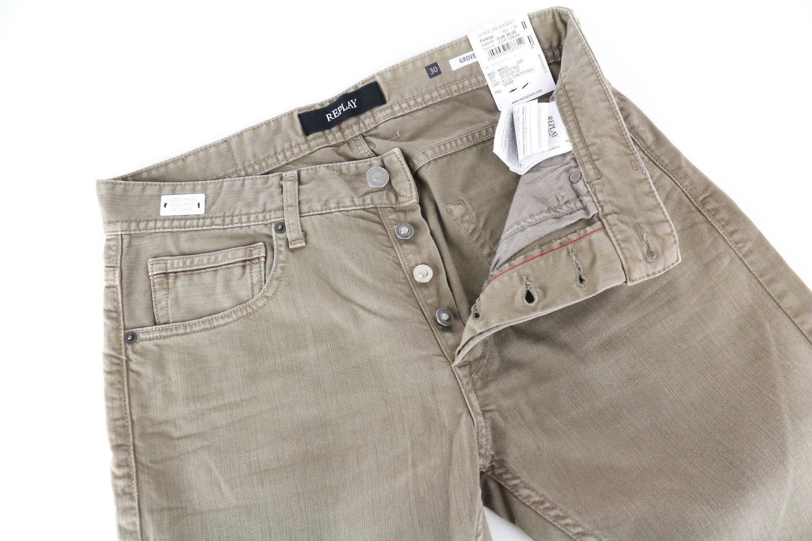 REPLAY Grover vyriški smėlio spalvos rudi tiesaus kirpimo medvilniniai tamprūs džinsai W30/L32 