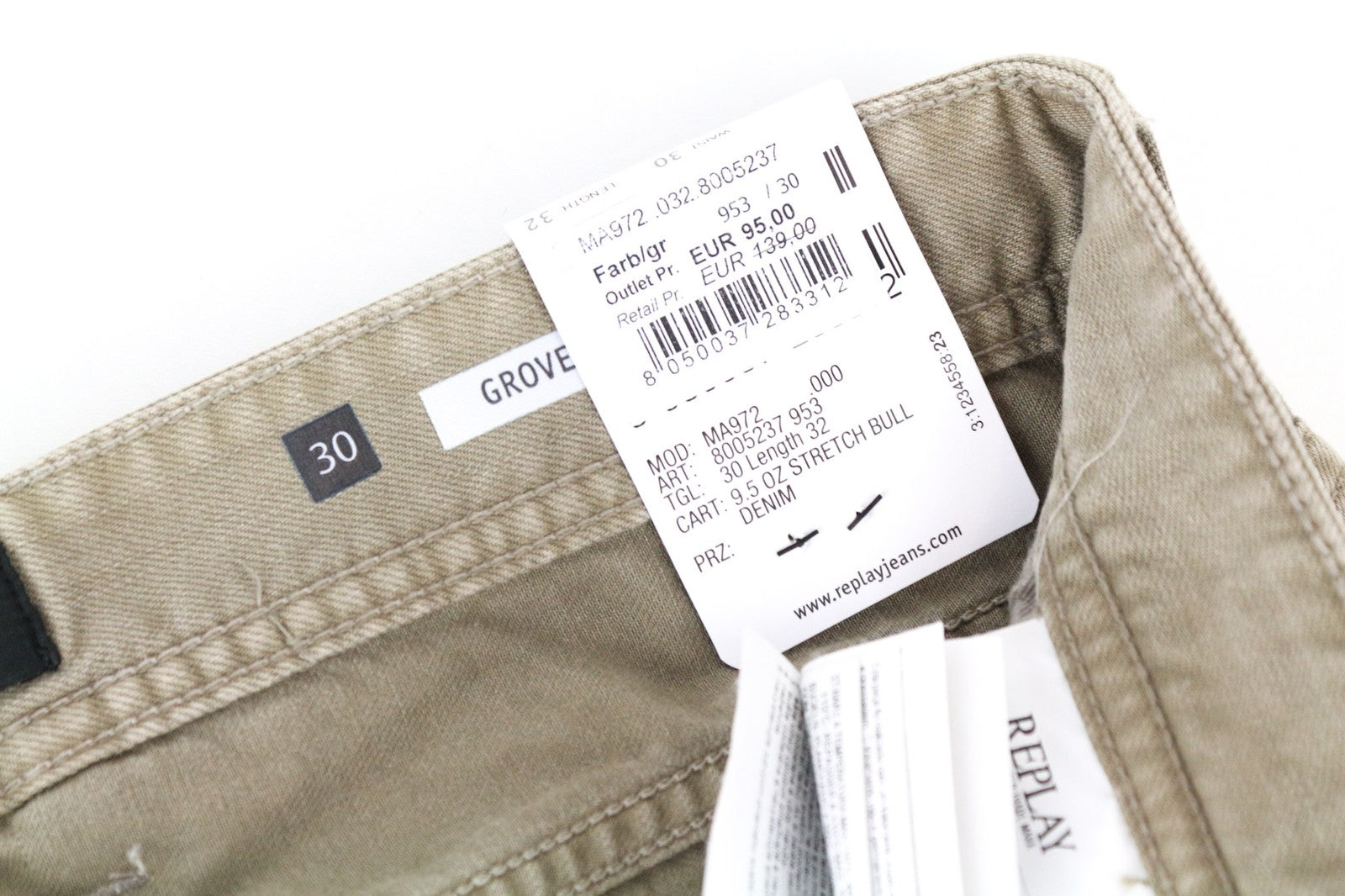 REPLAY Grover vyriški smėlio spalvos rudi tiesaus kirpimo medvilniniai tamprūs džinsai W30/L32 