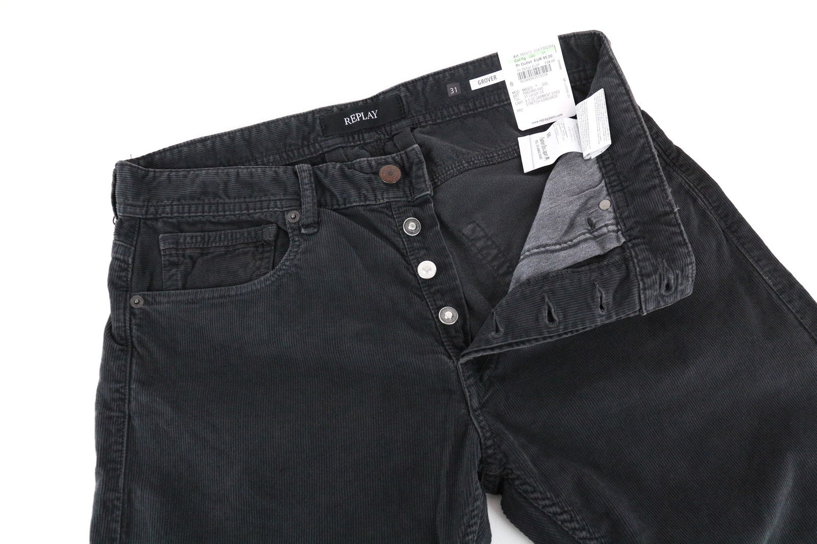 REPLAY Grover vyriškos pilkos velveto tiesaus kirpimo medvilninės tamprios kelnės W31/L34