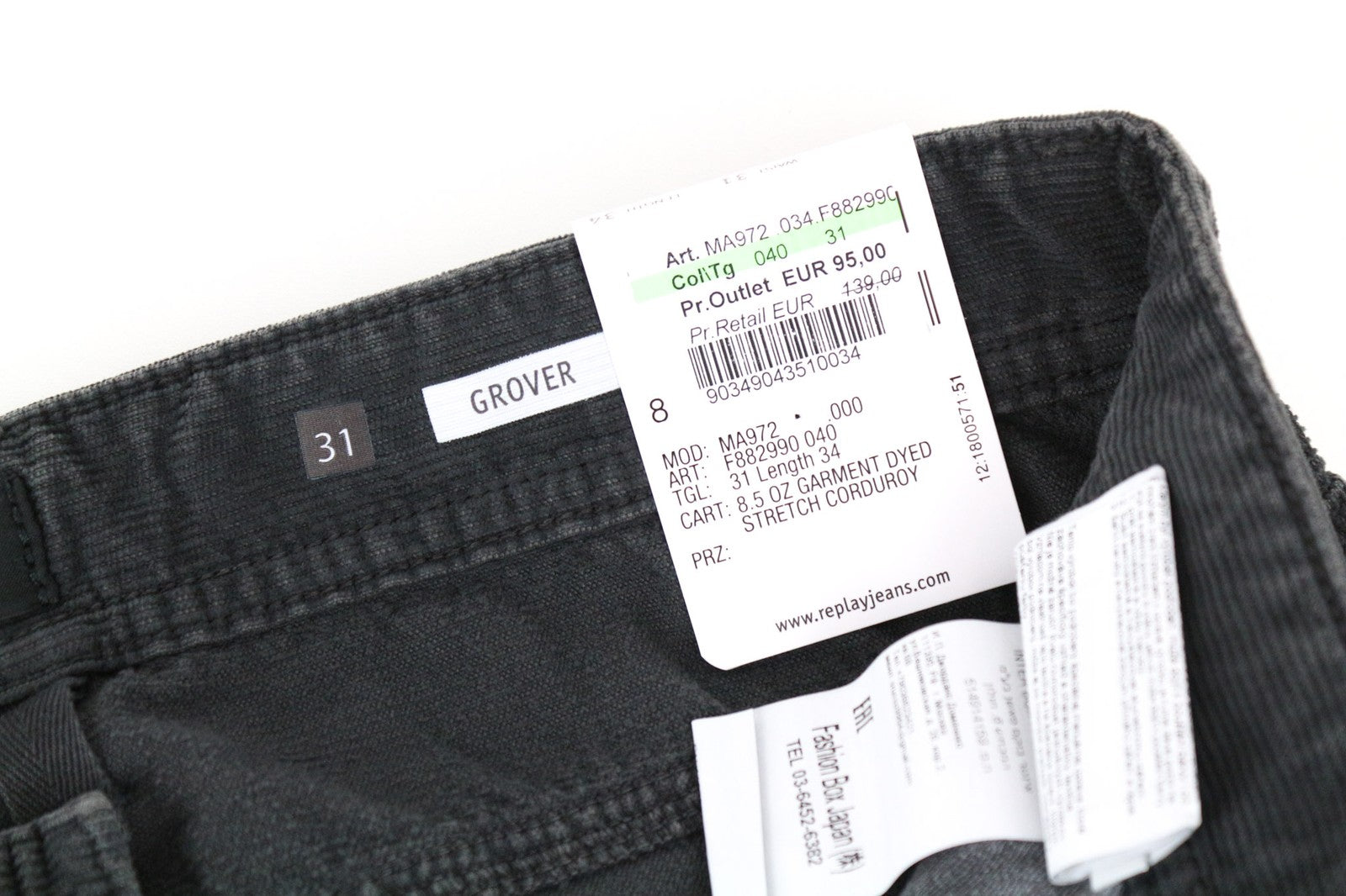 REPLAY Grover vyriškos pilkos velveto tiesaus kirpimo medvilninės tamprios kelnės W31/L34